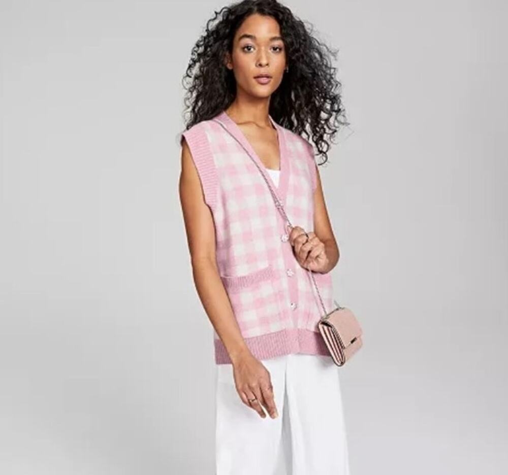 Charter Club Pink Cream Cashmere Vest Gingham Sz Medium